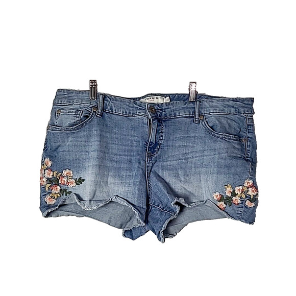 torrid Pants - Torrid Blue Denim Embroidered Floral Cut-Out Raw Hem Jean Shorts Womans Size 18